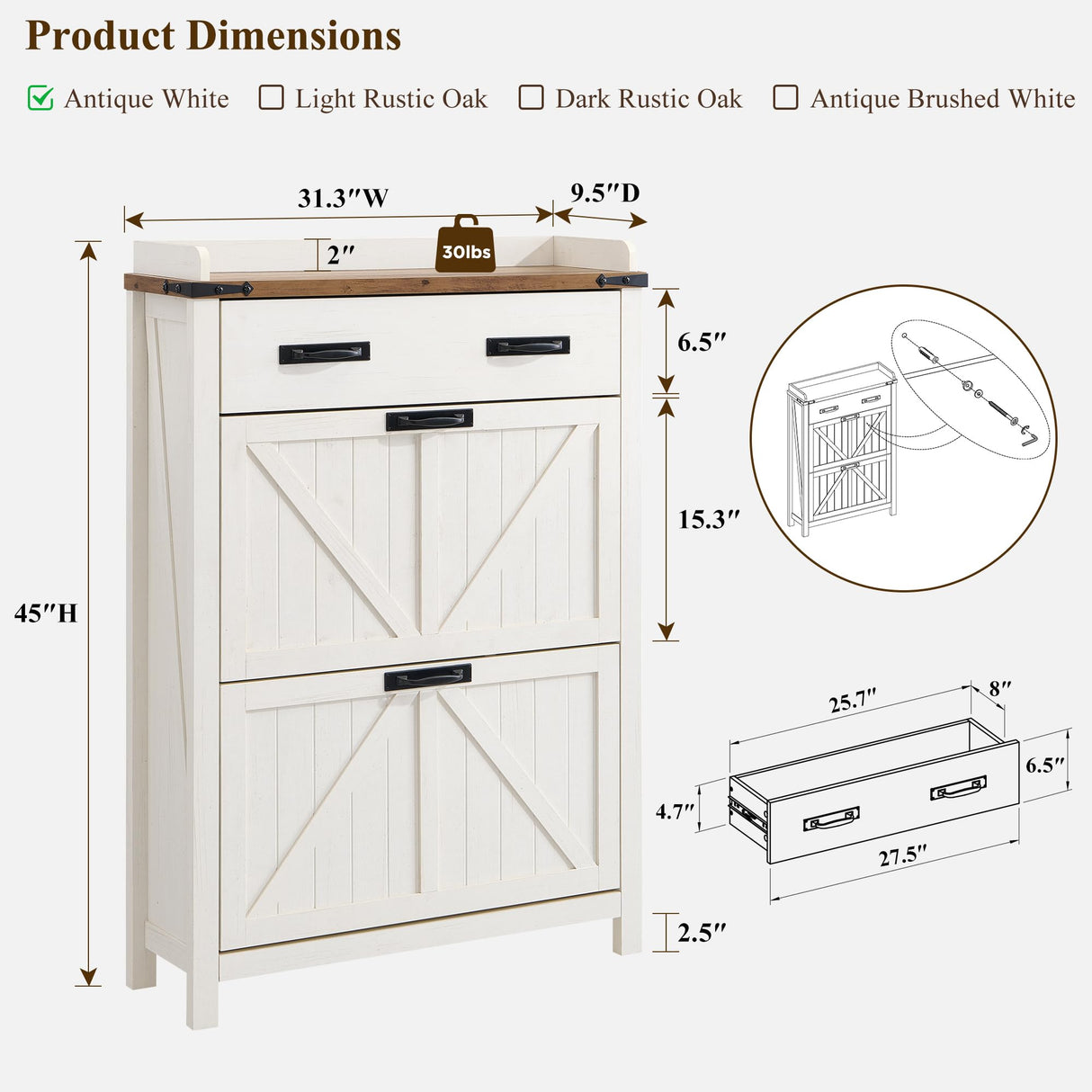 OKD Shoe Storage Cabinet with 2 Flip Drawers, Farmhouse Entryway Shoe Organizer with Drawer, Freestanding Rustic Hidden Shoe Rack Cabinet for Entryway, Antique White OKD
