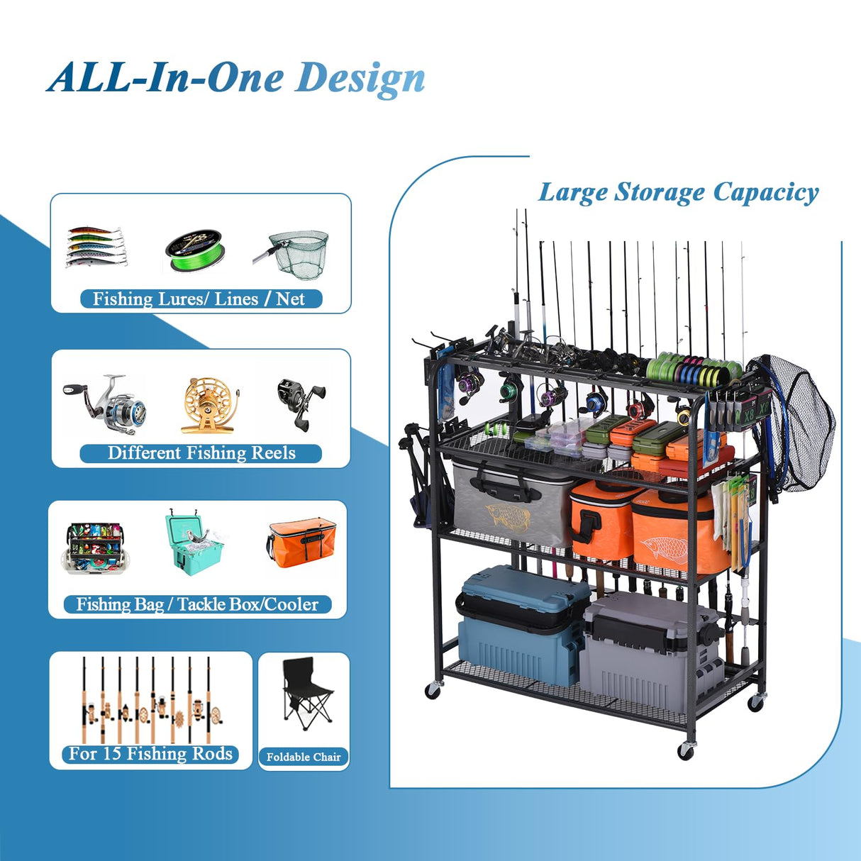 Bknius Fishing Rod Holder for Garage for 15 Rods, Fishing Pole Holders for Fishing Gear Storage Organizer, Fish Rod Rack Basement, Metal Black with Big Wheels, 4-Tier Bknius