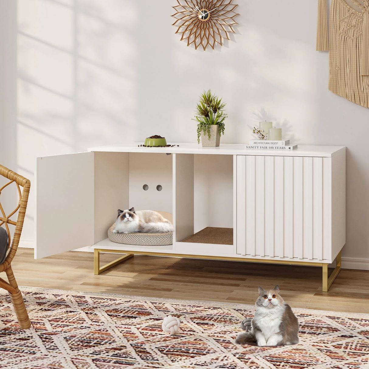 Cat Litter Box Enclosure for 2 Cats, 47.6’’ Litter Box Furniture Hidden with Scratch Pad, Double Room Large Cat Cabinet, Indoor Pet House TV Stand Side Table,Cats Washroom, White Halitaa