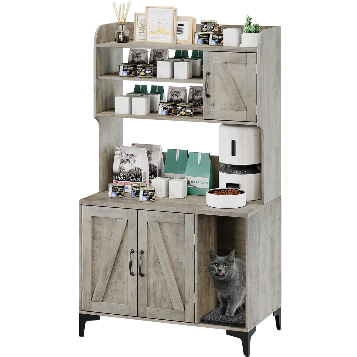 GarveeLife Cat Litter Box Enclosure with Shelves, Litter Box Cabinet,Hidden Cat Box Furniture with Scratching Mat,Wood Sturdy Cat Washroom Storage, Indoor Cat House,White GarveeLife