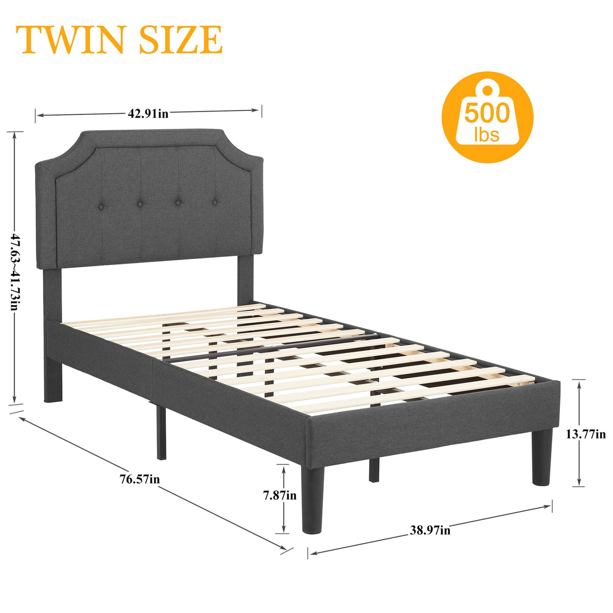 VECELO Twin Size Platform Bed Frame with Fabric Upholstered Headboard and Wooden Slats Support, No Box Spring Needed/Easy Assembly,Grey VECELO