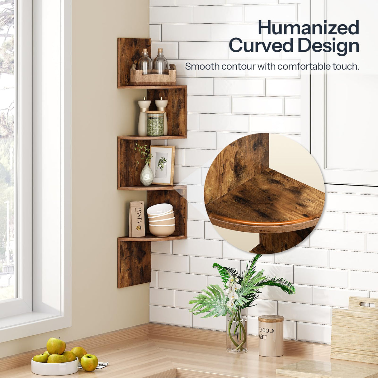 HOOBRO Corner Shelf Wall-Mounted, Set of 2 Floating Corner Shelves, 4-Tier Corner Bookshelves for Wall Decor in Living Room, Bedroom, Bathroom, Home Office, Rustic Brown BF25BJP201 HOOBRO
