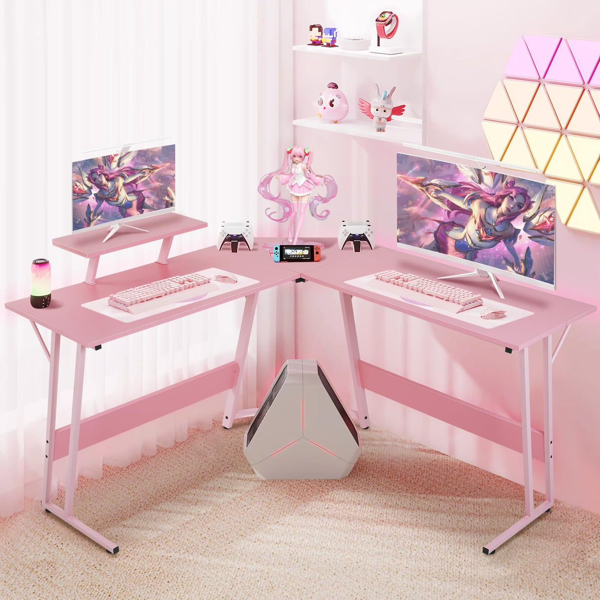 HKLGorg L Shaped Desk Gaming Desk, 50.4’’ Computer Desk, Gaming Table with Monitor Stand Corner Desk with MDF Board Surface, Home Office Desk for Girl Women Gift for Gaming Working Study, Pink HKLGorg