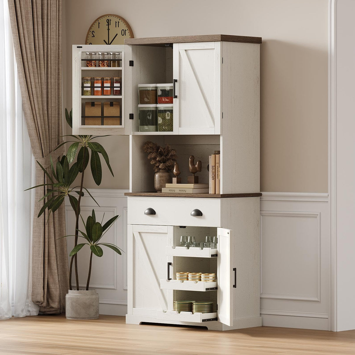 ChooChoo 72" Pantry Cabinet with Storage Drawers, Farmhouse Kitchen Hutch Bar Cabinet with Microwave Stand, Kitchen Cupboard with Door Shelves for Dining Room, Living Room, Antique White & Brown ChooChoo