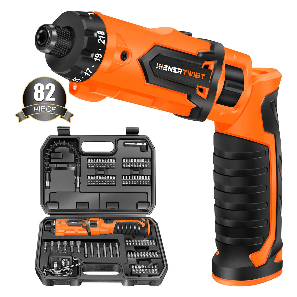 ENERTWIST Cordless Screwdriver, 8V Max 10Nm Electric Screwdriver Rechargeable Set with 82 Accessory Kit and Charger in Carrying Case, 21+1 Cluth, Dual Position Handle, LED Light, ET-CS-8 ENERTWIST