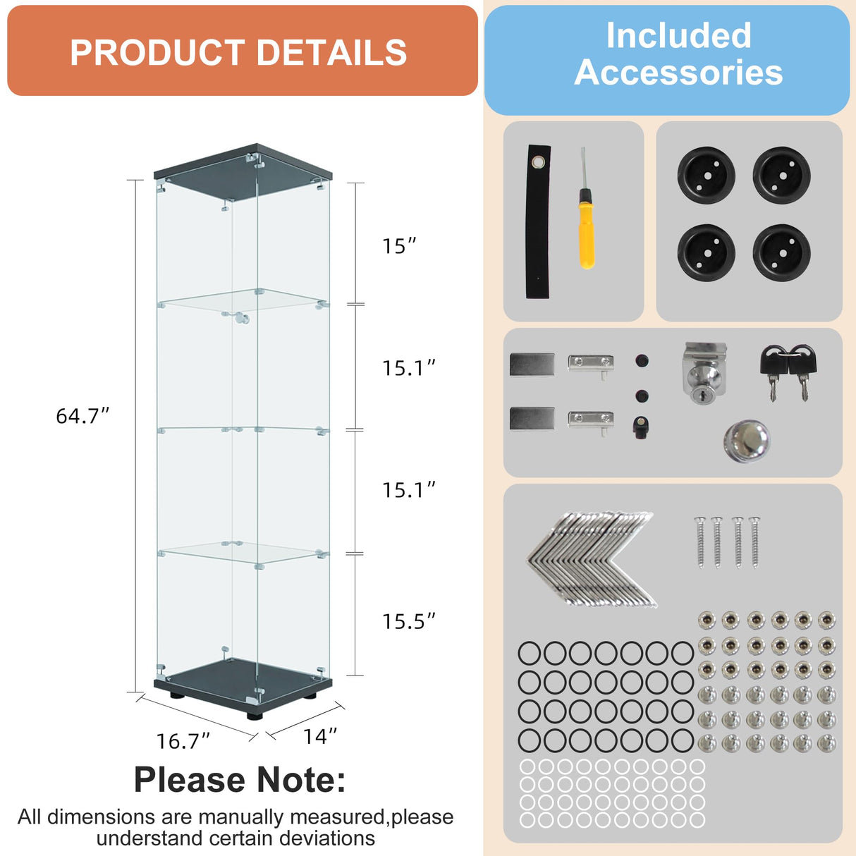 FANYUSHOW Tempered Glass Display Cabinet 4-Shelf Curio Cabinet with Security Lock 5mm Display Shelf Showcase for Living Room/Bedroom/Office- Black 64.7" H x 16.7" L x 14.37" W FANYUSHOW