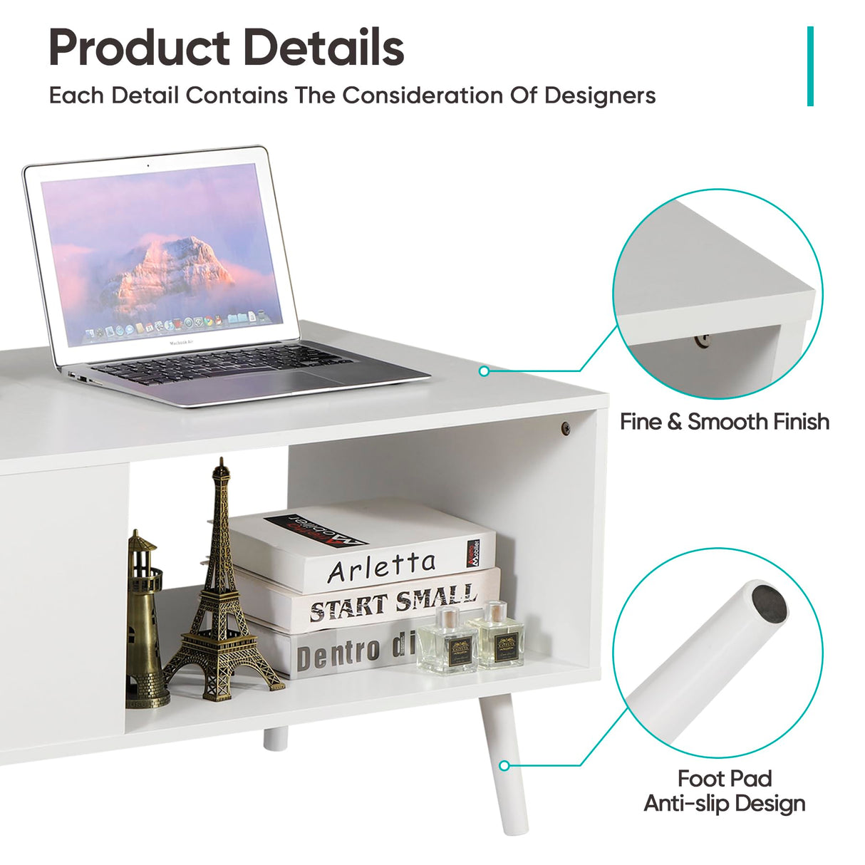 SUPER DEAL Wooden Coffee Table 2 Tier Mid Century Modern Center Table with Open Storage Shelf for Living Room, 40 Inch Accent Sofa Side Table for Indoor Bedroom Apartment Small Spaces, White SUPER DEAL