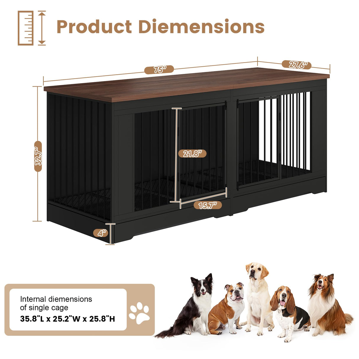 Large Dog Crate Furniture - Indoor Wooden Furniture Style Dog Kennel - Heavy Duty Decorative Dog Crate Table with Tray and Removable Divider - 75" L x 27.6" W x 32.7" H, Black A6HOM