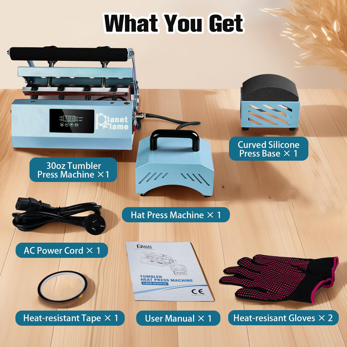 PlanetFlame Tumbler and Hat Heat Press Machine, 2-in-1 Combo Machine for Cup and Cap with Gloves and High Temp Heat Resistant Tape for 11oz-30oz Sublimation Tumbler and All Caps, Blue PlanetFlame