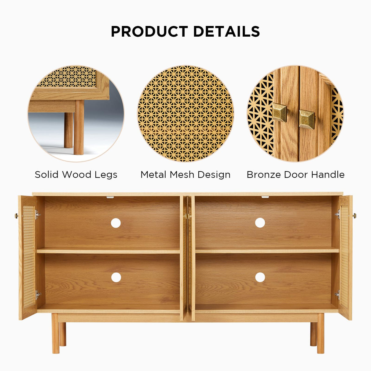 AMERLIFE 63" Sideboard Buffets Cabinet, 2-Adjustable Shelves Sideboard with 4 Doors, Large Accent Storage Credenzas for Living Room, Dining Room, Bedroom, Natural AMERLIFE