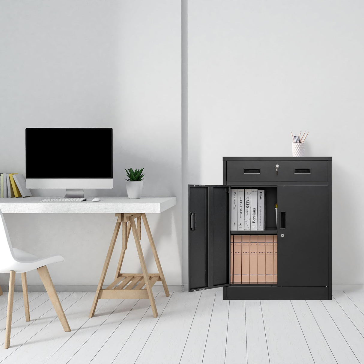 BESFUR Locking Storage Cabinet, Metal Cabinet with Oversized Drawer, Office Storage for Home, Garage, School - Black BESFUR