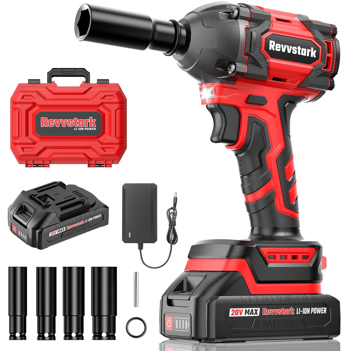 Revvstark Impact Wrench, Max Torque 295 Ft-lbs / 400 N.m Cordless 1/2 Impact Driver, 20V 3000RPM Brushless Motor, 2.0Ah Li-ion Battery and Fast Charger, 4 Pcs Sockets Included Revvstark