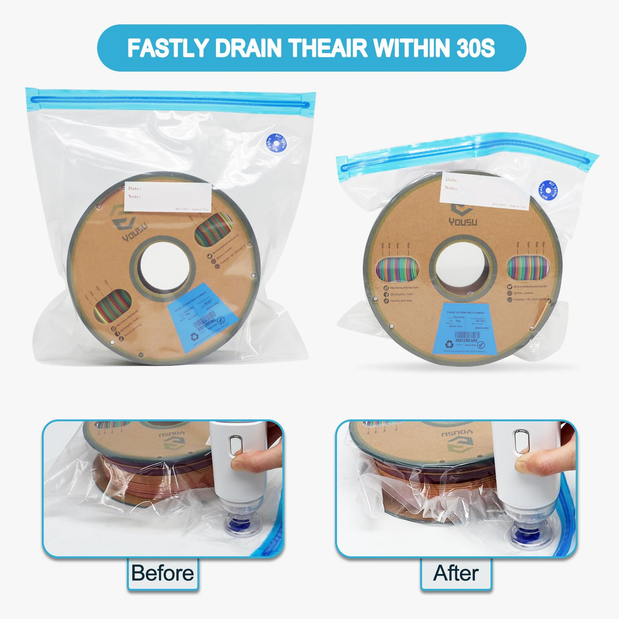 YOUSU Filament Storage Bags Vacuum Kit, Cleaning Drying Sealed 16 Bags with Two Sizes for 3D Printer Filament with Automatic Pumps/Desiccants/Humidity Indicator Cards/Clips Yousu