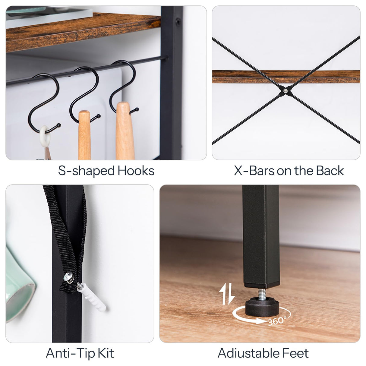 HOOBRO Rustic Brown 4-Tier Multifunctional Baker's Rack with Storage & Hooks for Kitchen and Living Spaces HOOBRO