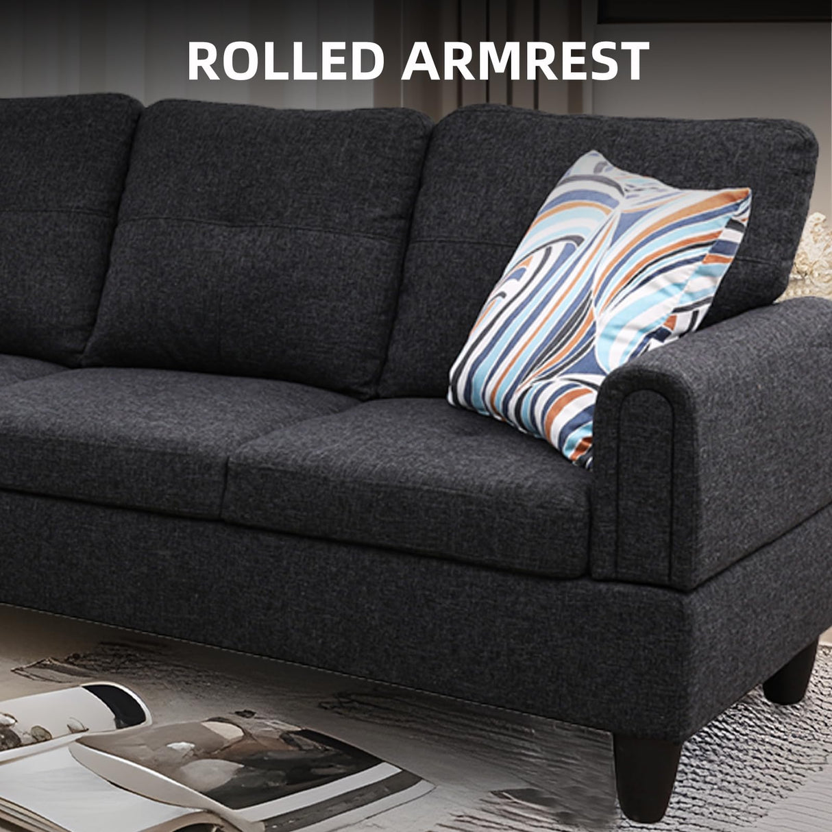 GlasFlength L Shaped Sectional Couch Sofa with Ottoman, Modern Couches for Living Room, Microfiber Facing, Bedroom GlasFlength