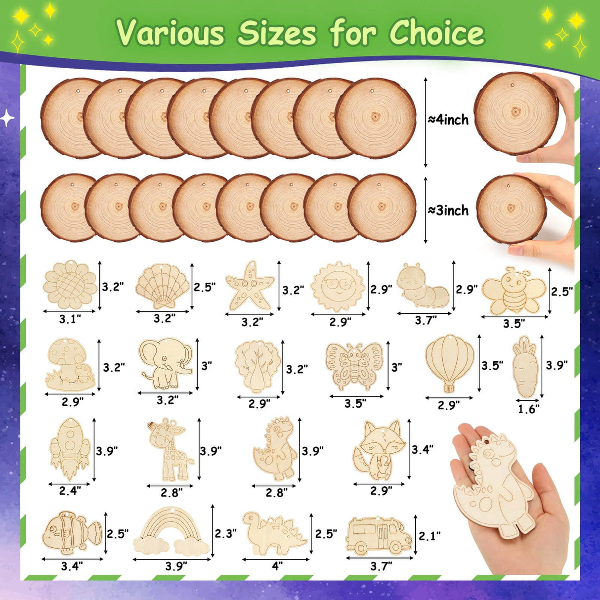 ROADPLUM Natural Wooden Slices Painting Craft Kit, 16PCS Unfinished Wood Slices & 20Pcs Unfinished Wooden Ornaments, DIY Glow in The Dark Christmas Ornaments Craft for Decorations ROADPLUM