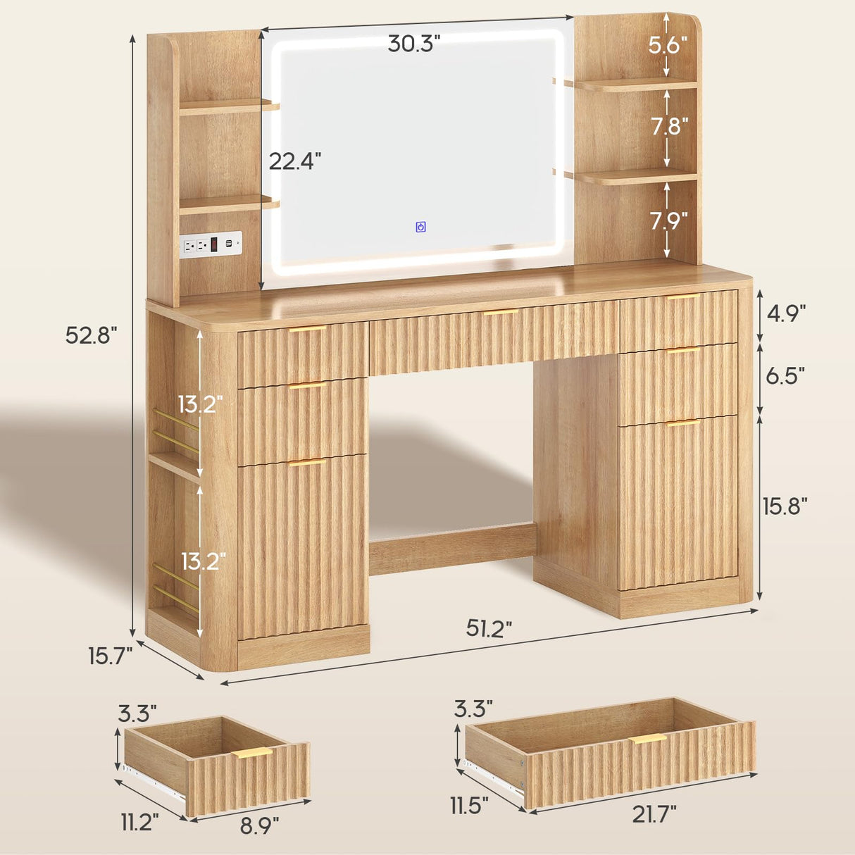 HAUOMS 51.2" Fluted Makeup Vanity Desk with Large 30.3" Mirror and Lights, 5 Drawer Vanity with Power Strip, 6 Open Shelves, 2 Cabinet,Modern Dressing Table with Solid Wood Legs for Bedroom, Oak HAUOMS