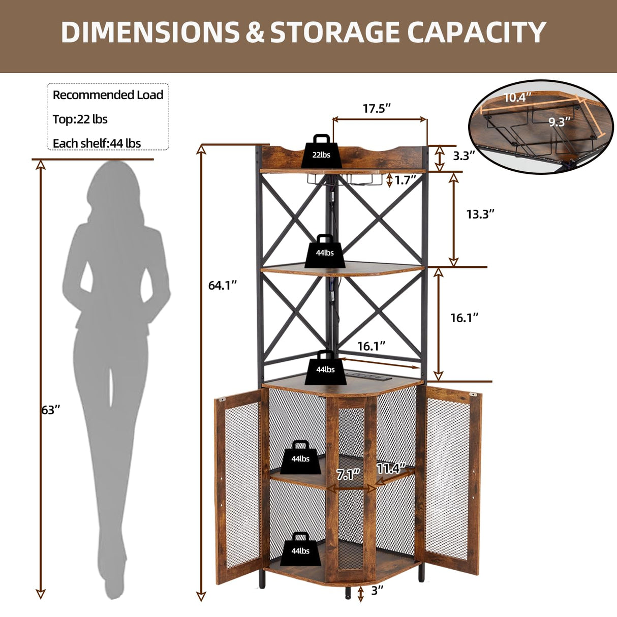 EROMMY Corner Bar Cabinet with Power Outlet, 5-Tiers Wine Bar Cabinet with LED Light and Glass Holder, Industrial Home Bar for Dining Room, Living Room, Kitchen, Rustic Brown EROMMY