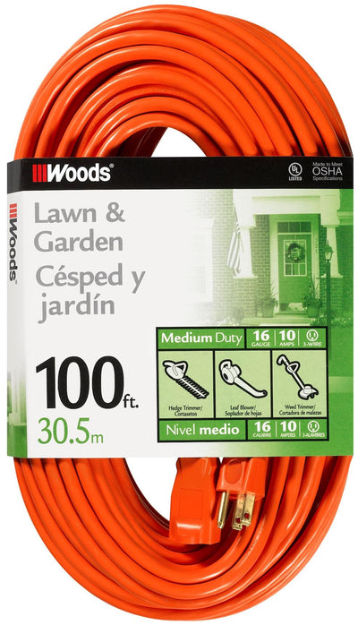 Woods Outdoor Extension Cord, 100 Ft 16 Gauge 3 Prong, Lawn & Garden, Orange, 0269