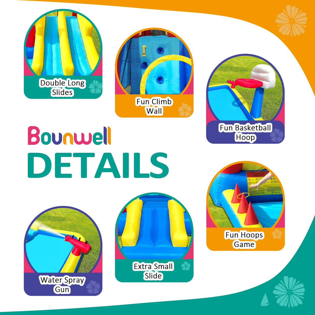 Inflatable Bounce House with Double Slide, Water Bounce Castle with Slide,Water Slide with Splash Pool, Water Cannon, Climbing Wall, Basketball Hoop, Backyard Water Slide for Kids Bounwell