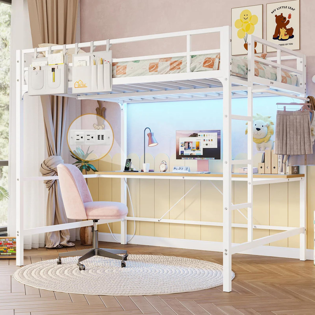 DICTAC Loft Bed Full Size with Desk and Led Lights Metal Full Loft Bed with Power Outlet Full Size Bed Frame with Top Bunk and Safety Guard & Ladder, Space-Saving,No Noise,No Box Spring Needed, White DICTAC