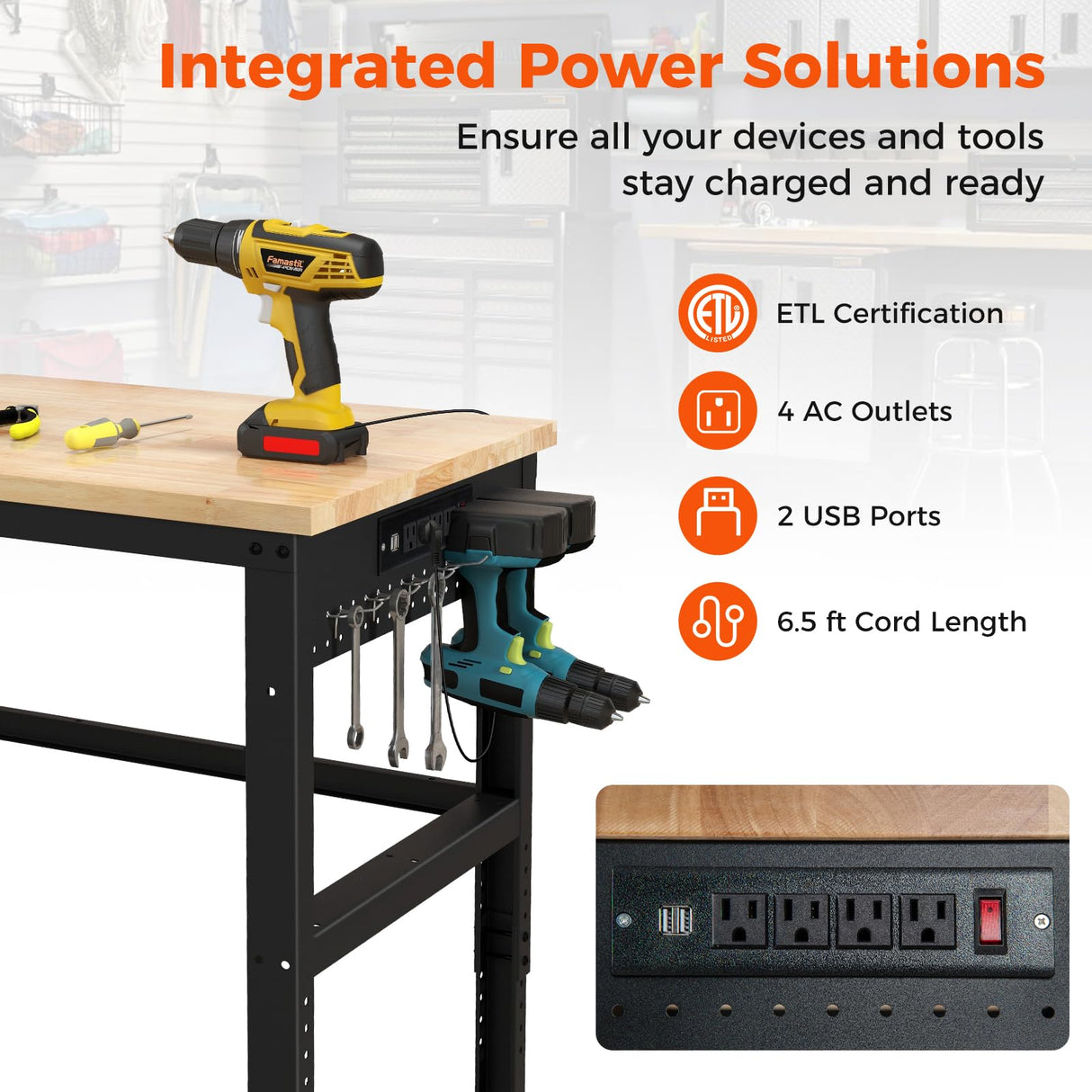 Goplus Work Bench with Power Outlet, 48” Adjustable Oak Wood Work Table w/Universal Lockable Wheels & Non-slipping Footpads, 1760LBS Capacity, Heavy Duty Steel Workbench for Garage Workshop Home Goplus