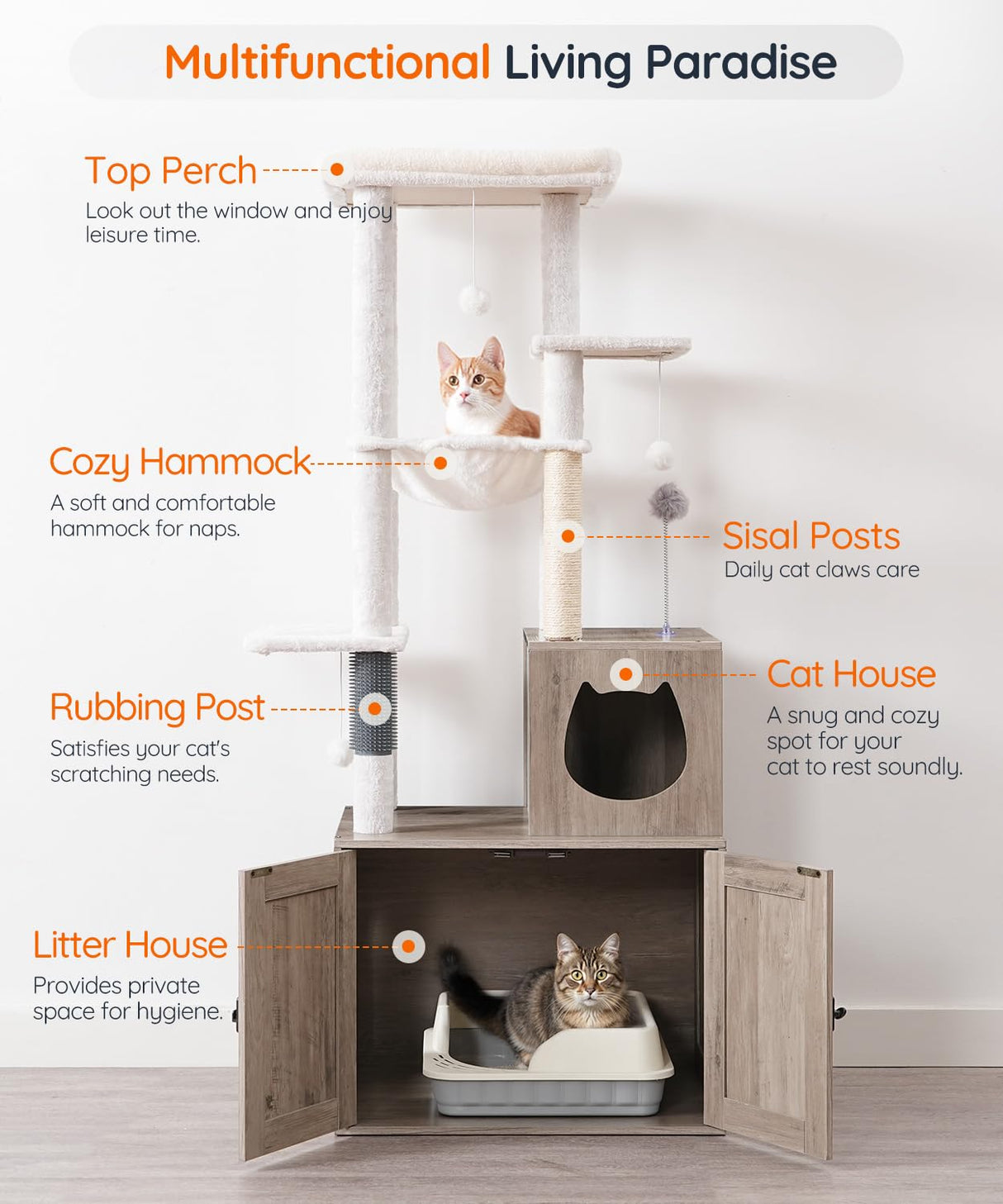 HOOBRO Cat Tree with Litter Box Enclosure, Tall Cat Tower for Indoor Cats, All-in-One Modern Cat Condo, Hidden Litter Box Enclosure Furniture, with Cat House, Sisal Posts, Greige and White BG51MZ03 HOOBRO