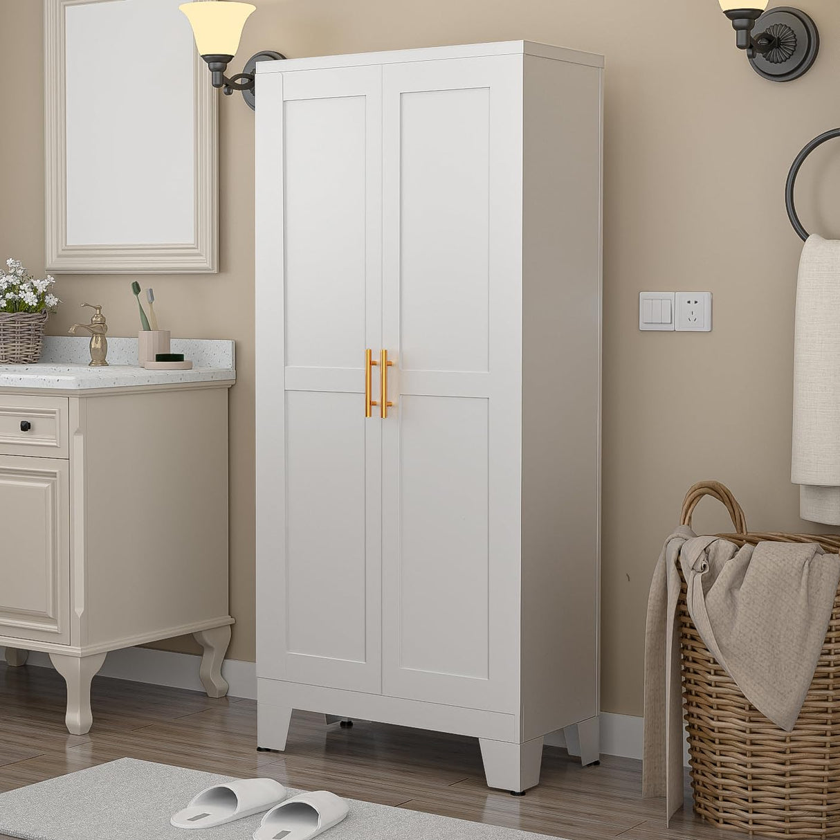 White Metal Pantry Cabinet with 2 Doors and Adjustable Shelves, 61" Kitchen Storage cabinets with Gold Handles, Versatile Storage for Laundry/Living/Dinning Room, Bathroom,Utility Room winiowa