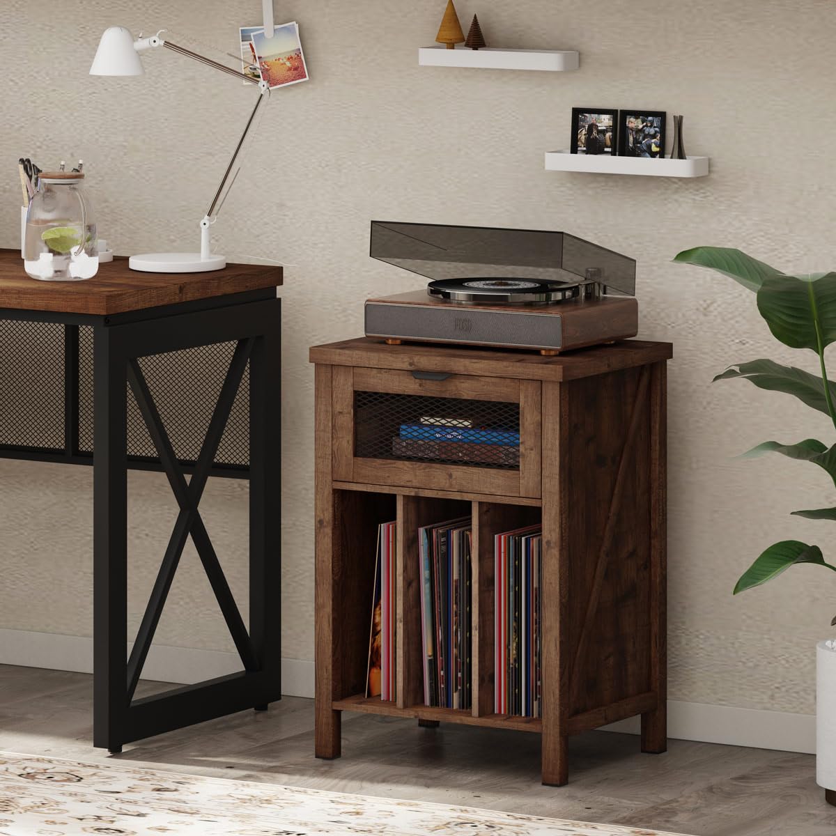 BON AUGURE Record Player Stand with Vinyl Storage, Farmhouse Record Player Cabinet End Table Holds up to 160 Albums, Brown Turntable Stand for Living Room, Bedroom, Office (Rustic Oak) BON AUGURE