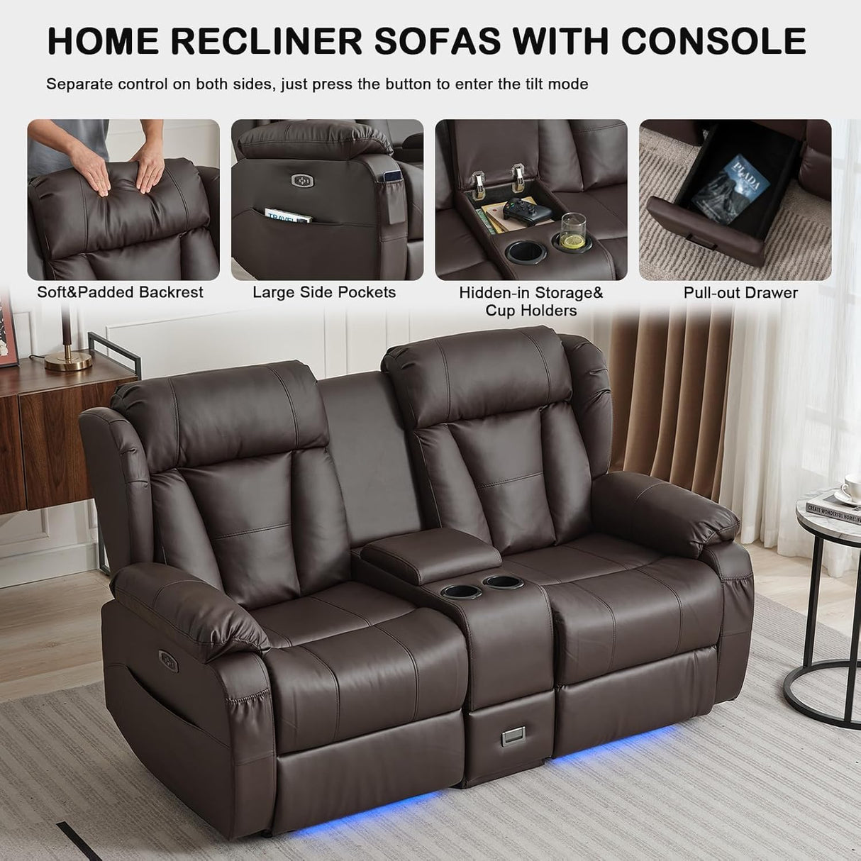 Power Loveseat Recliner Sofa, Home Theater Seating with Console,Reclining Loveseat Sofa RV Couch with LED Lights, Cup Holders, USB, Drawer, Faux Leather for Living Room WISHDEER