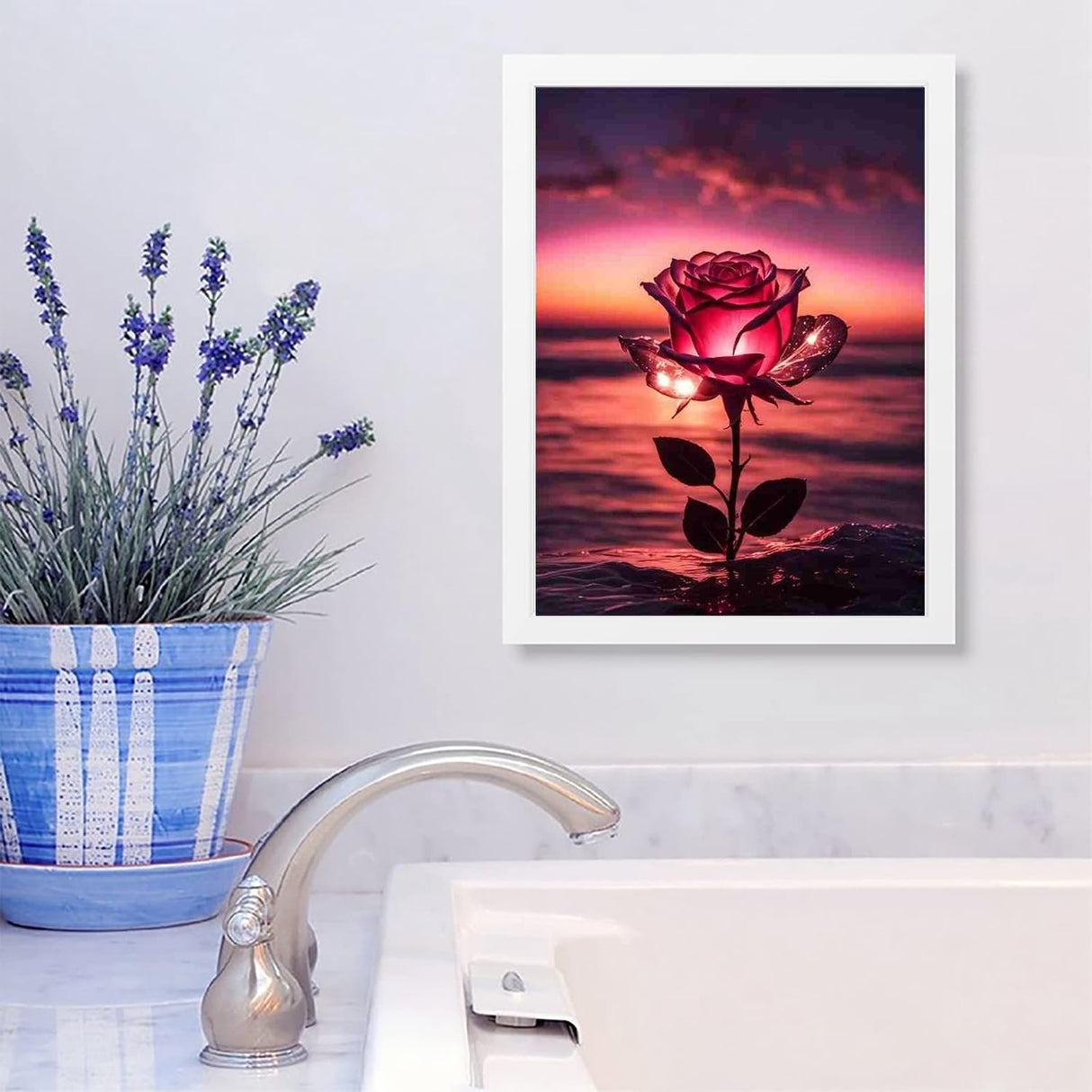 HSENJT Rose Diamond Art Painting Kits for Adults Beginners,Flowers DIY 5D Diamond Art Kits,Beach Diamond Art Painting for Home Wall Decor (30x40cm/11.8X15.7inch) HSENJT