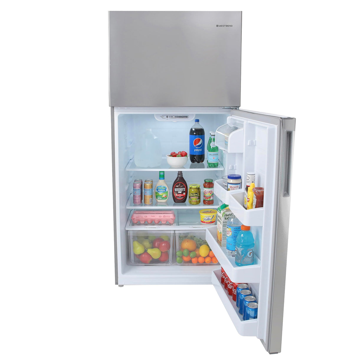 West Bend Apartment Refrigerator Freestanding Dual Door Design Fridge with Top Freezer, Adjustable Electronic Control and Frost Free Defrost, for Condo, House, Small Kitchen Use, 18-Cu.Ft, Metallic West Bend