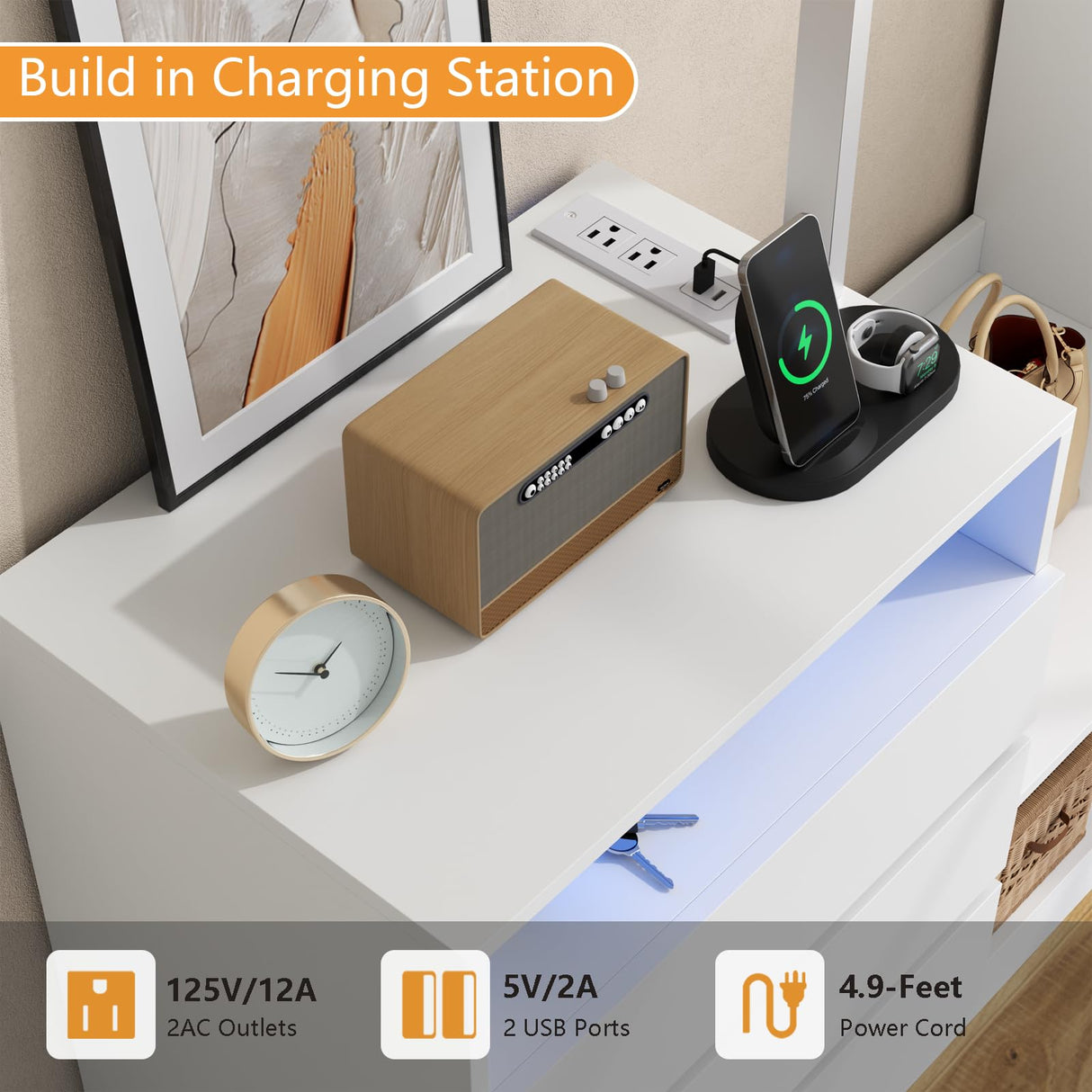 Wardrobe Dresser with Hanging Rack and Drawers - Led Wardrobe Dresser Combo with Charging Station, White Closet Organizers and Storage with Open Shelves, Armoire Clothes Cabinet for Bedroom (White) Auromie