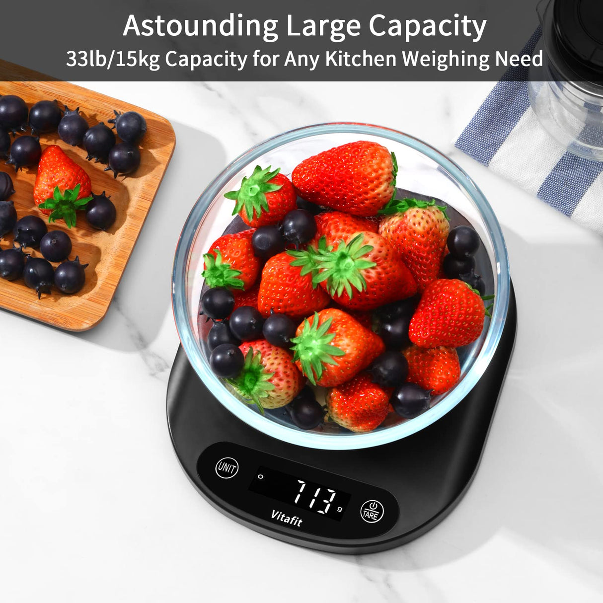 Vitafit 33lb/15kg Digital Food Scale in High Precision 0.1oz/1g, Our Own Kitchen Scale Professional Factory Since 2001, Home and Kitchen Essentials for Cooking and Baking, LED, 3*AAA Batteries, Black Vitafit