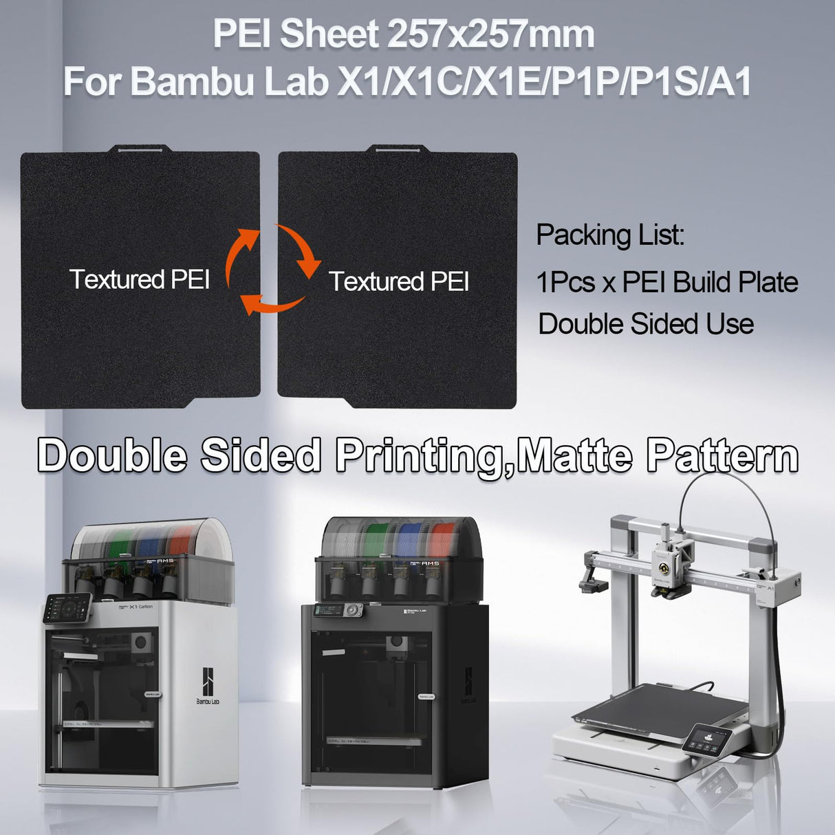 IdeaFormer-3D Double Sided Black PEI Build Plate for Bambu Lab X1/X1C/X1E/P1P/P1S/A1, Flexible Spring Steel Sheet for Bambu Lab 3D Printers Platform 257x257mm IdeaFormer-3D