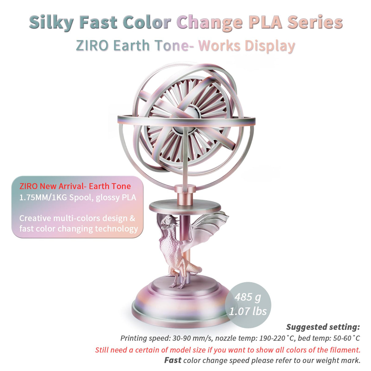 ZIRO 3D Printer Filament, Shiny PLA Fast Gradient Color Change, Glossy Color Change by Length PLA, Fit Most FDM 3D Printers, Dimensional Accuracy +/-0.03mm, 1KG/2.2lb Spool, Earth Tone(Silk) ZIRO