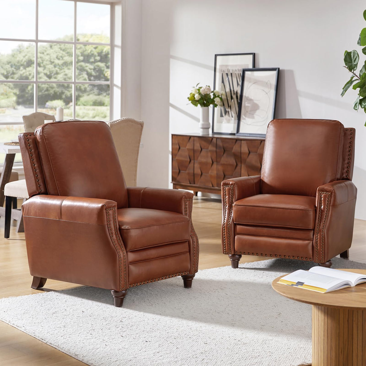 HULALA HOME Genuine Leather Recliner Chair, Classic Push Back Recliner Armchair with Thick Seat and Backrest (Saddle) HULALA HOME