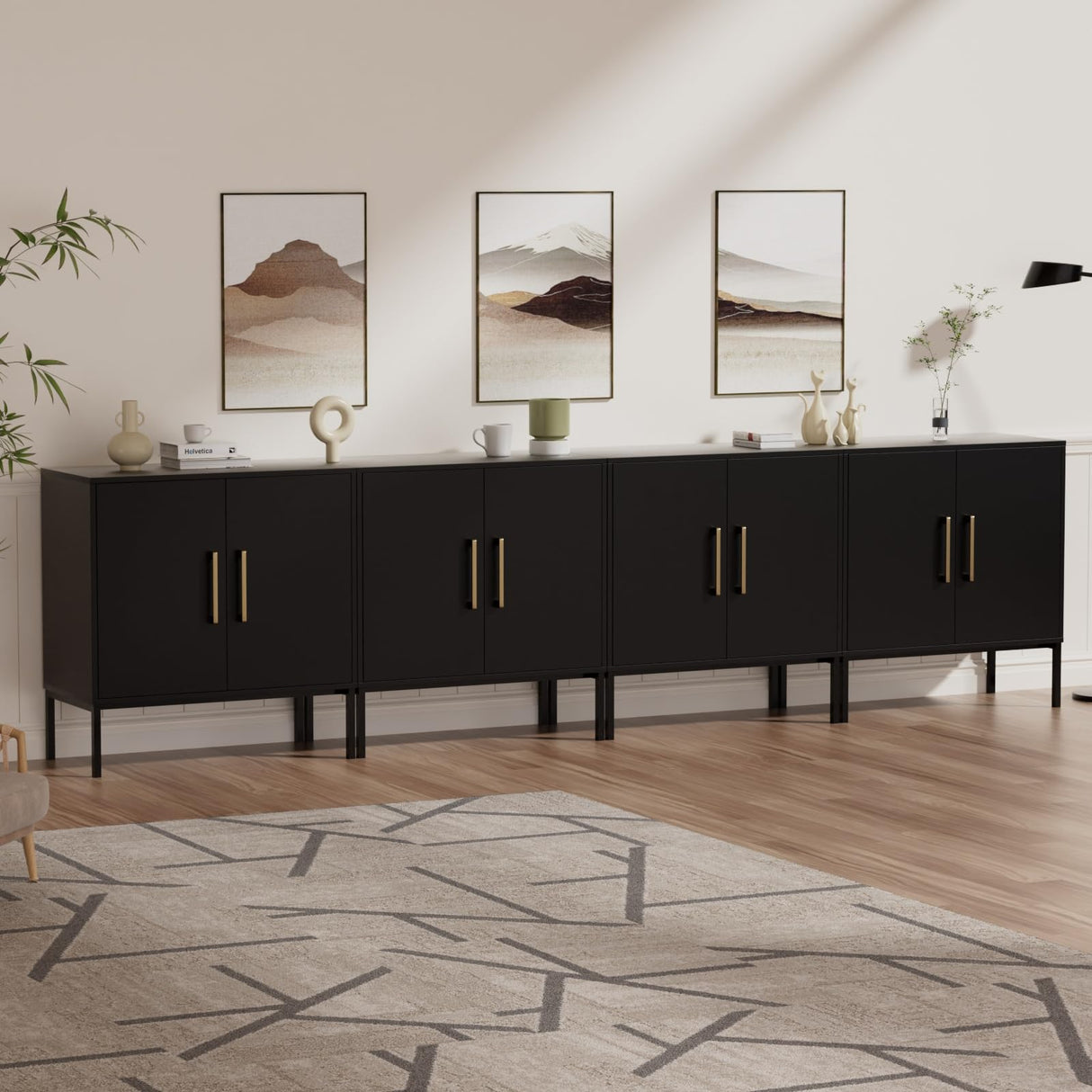 JOZZBY Set of 4 Storage Cabinet, Freestanding Sideboard with Double Doors, Modern Wooden Sideboard, Black Side Cabinets for Bedroom, Living Room, Kitchen, Office and Hallway 4 PC JOZZBY