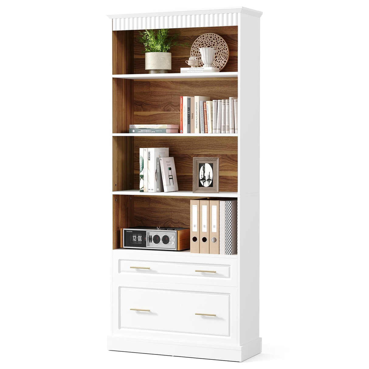 LITTLE TREE 72-Inch Tall White Bookcase, 5-Tier Wooden Open Display Bookshelf with 2 Drawers fits Letter, Legal, A4 Size, Modern Floor Standing Storage Organizer for Home Office & Living Room,Bedroom LITTLE TREE