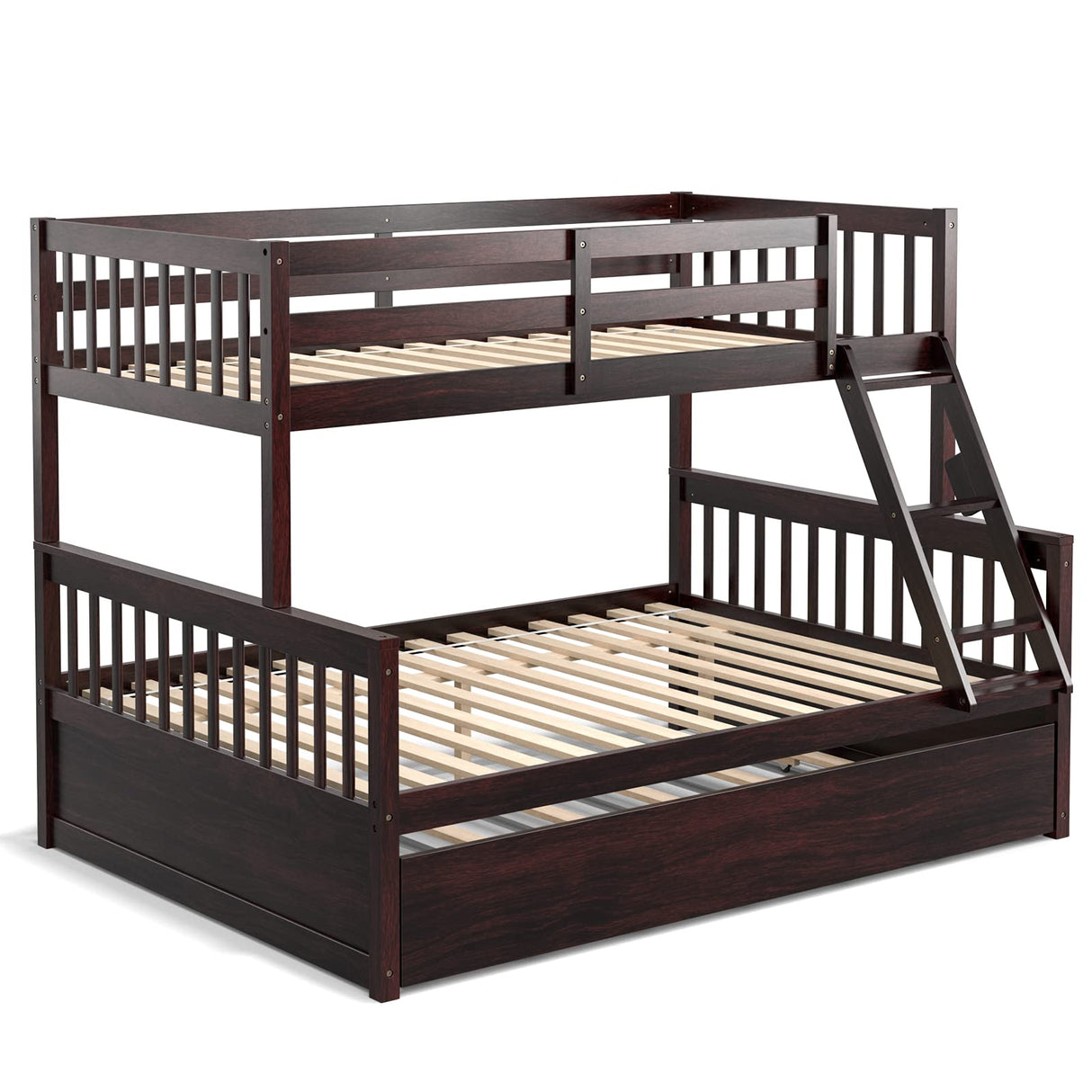 KOMFOTT Wood Twin Over Full Bunk Bed with Trundle, Bed Frame with Solid Pine Wood Frame, Space-Saving Bunk Bed with Ladder & Safety Guardrails, No Box Spring Needed KOMFOTT