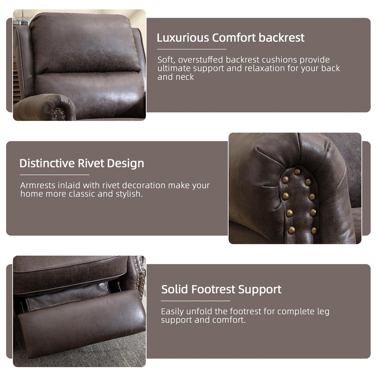 IOMOR Push Back Recliner Chair Faux Leather Lounge Armchair with Rivet Decoration Wingback Single Sofa Chair with Padded Seat Solid Wood Legs for Living Room, Comfy Upholstered, Dark Grey IOMOR