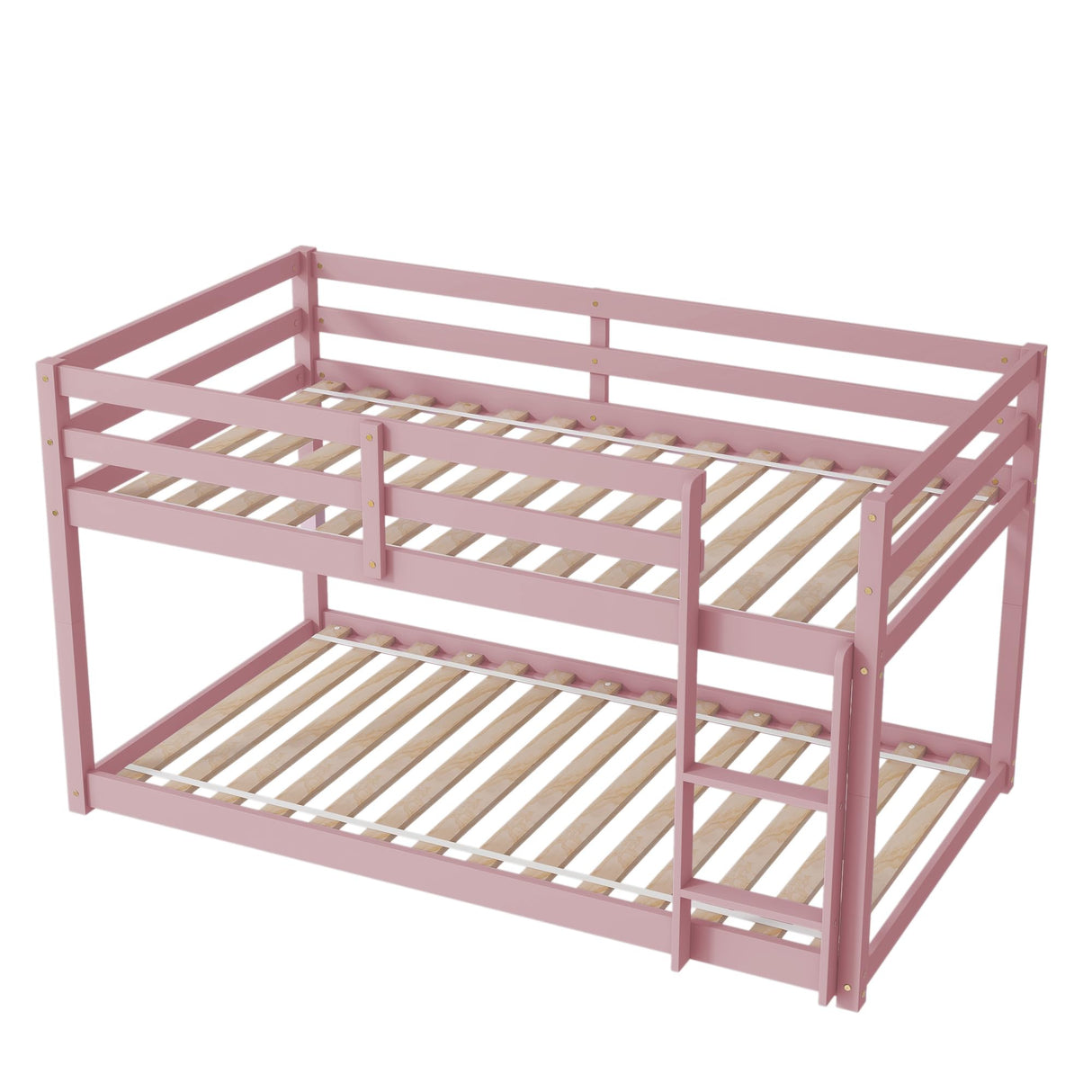 Harper & Bright Designs Low Bunk Beds Twin Over Twin Wood Twin Bunk Bed Frame with Safety Rail Ladder for Kids Bedroom Twin Floor Bunk Bed for Boys Girls Teens, Pink Harper & Bright Designs