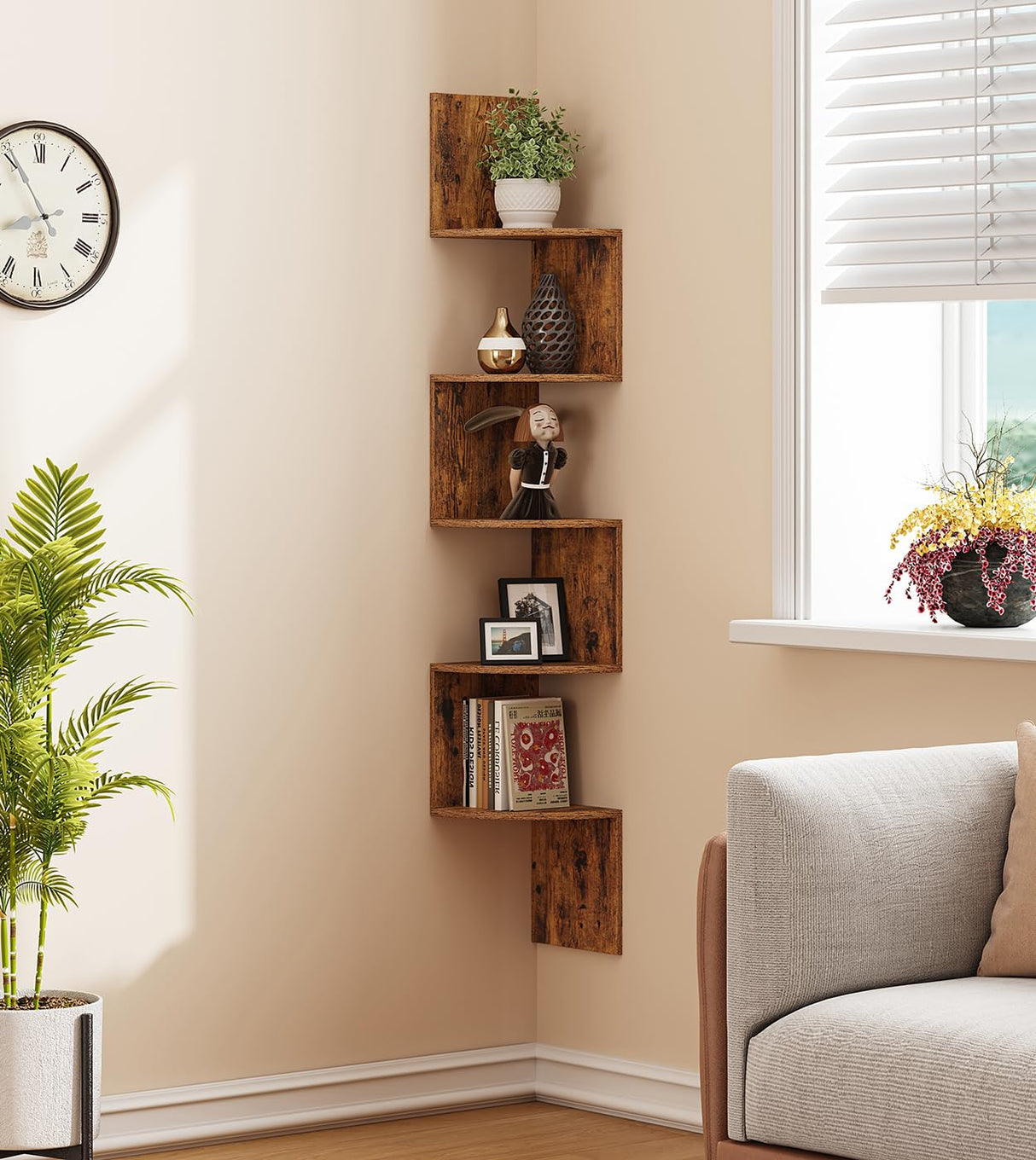 VIMBER 5-Tier Corner Shelf Wall Mount, Corner Bookshelf, Industrial Corner Ladder Shelf, Modern Display Shelf for Living Room, Bedroom, Kitchen, Home Office, Bathroom, Rustci Brown UJSJ003F VIMBER