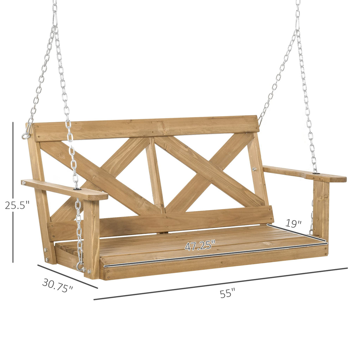 Outsunny 2 Person Porch Swing, Patio Swing, Outdoor Swing Bench with Pine Wood Frame and Hanging Chains for Garden and Yard, 550 lbs Weight Capacity, X Shaped Design, Natural Outsunny