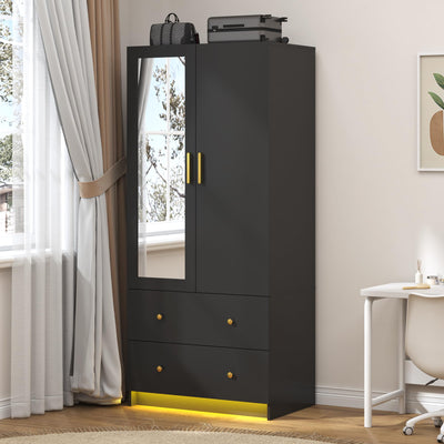 jiteentarou 2 Door Wardrobe Closet with Mirrors and LED Lights, Small Bedroom Armoire with Drawers, Modern Wooden Armoire Wardrobe Closet with Hanging Rod for Bedroom, Black
