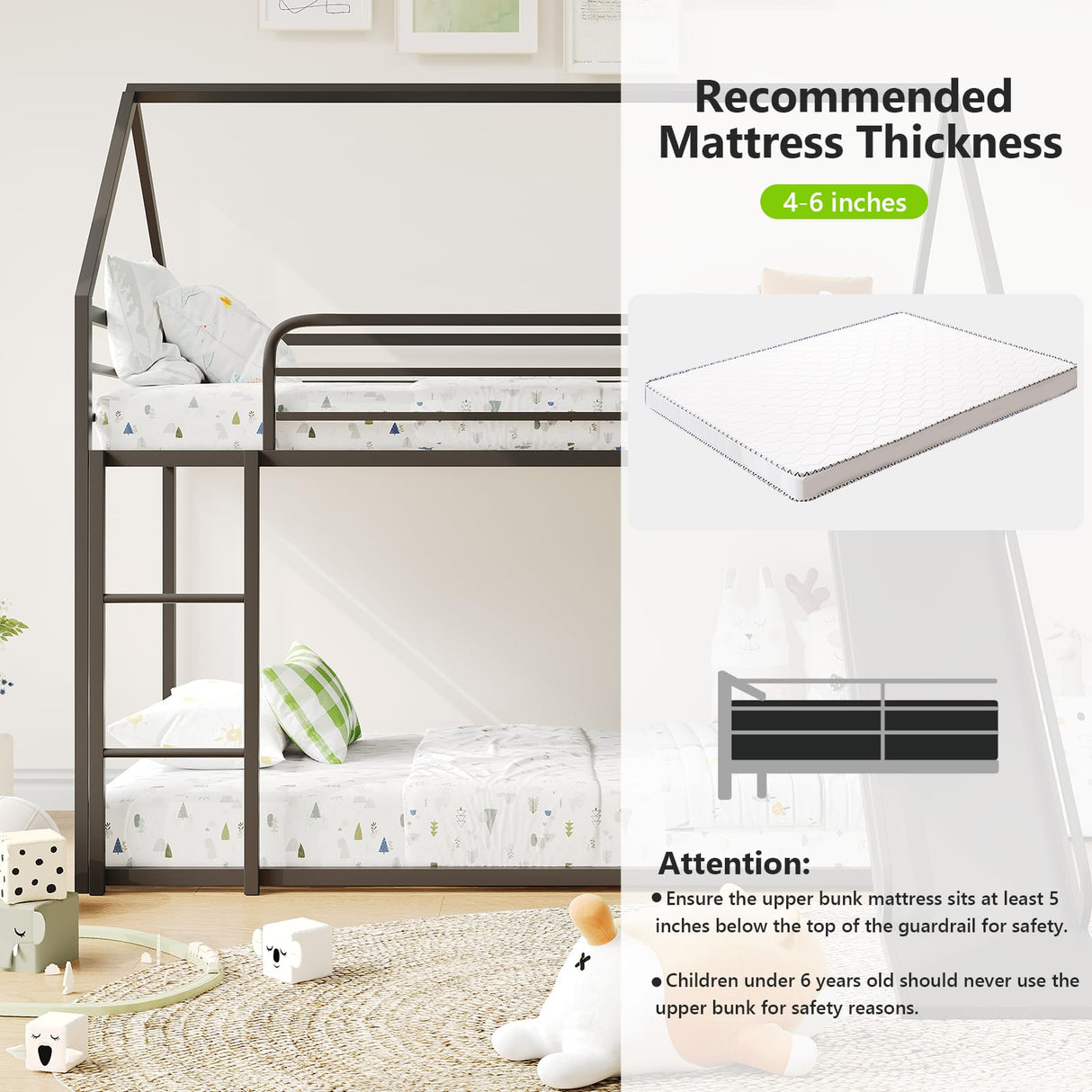 YIORTWO Twin-Over-Twin Low Metal Bunk Bed with Convertible Slide, Montessori Floor Bunk Bed Frame with Curved Edges Guardrail, Heavy Duty Metal Bed with House Shape and Roof for Kids, Black YIORTWO