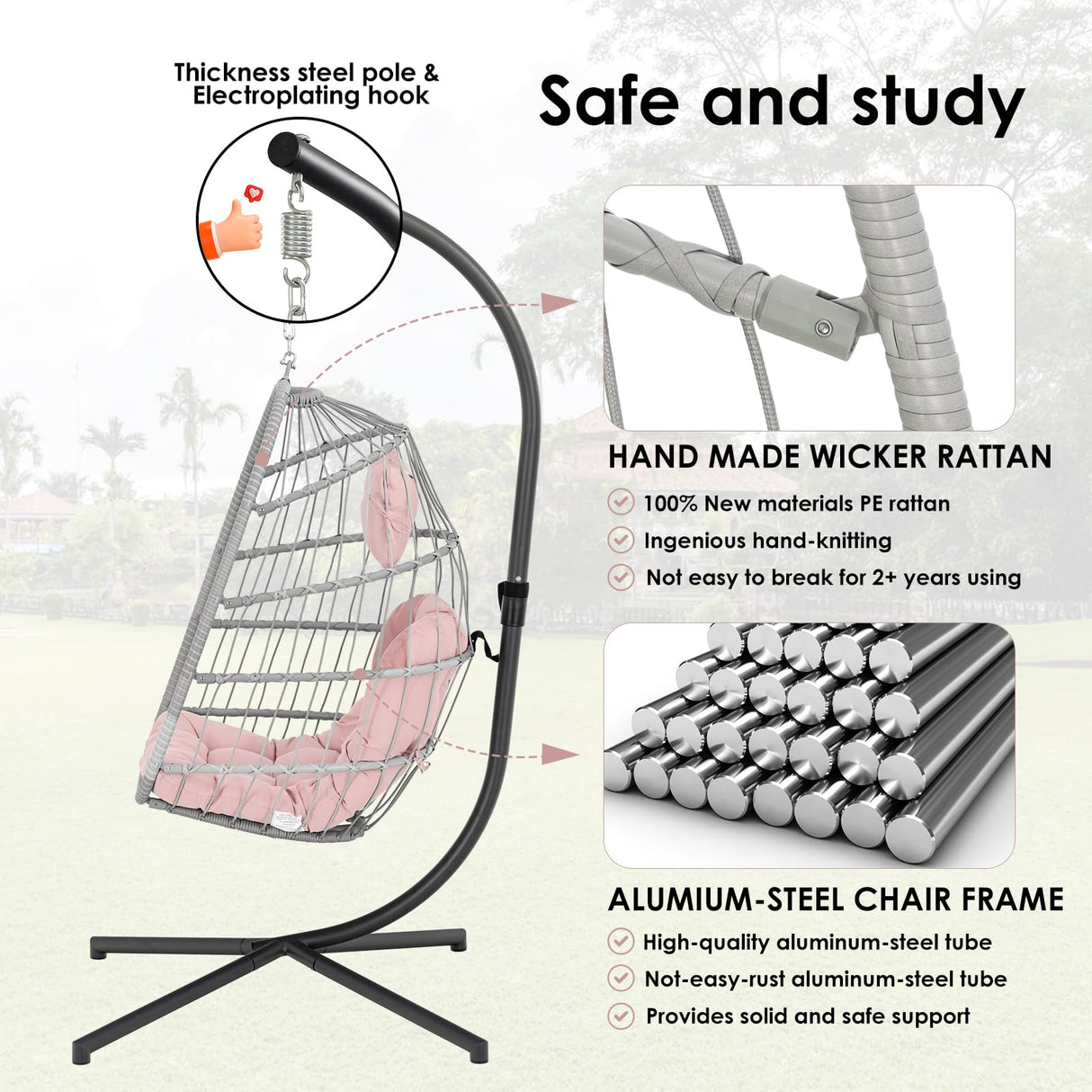 Hanging Egg Chair with Stand - Pink Swing Egg Chairs Wicker Rattan Hammock Chairs for Indoor Outdoor Bedroom Garden - Aluminum Steel Frame and UV Resistant Cushion 350LBS Capacity for Kids Adults XIAO WEI