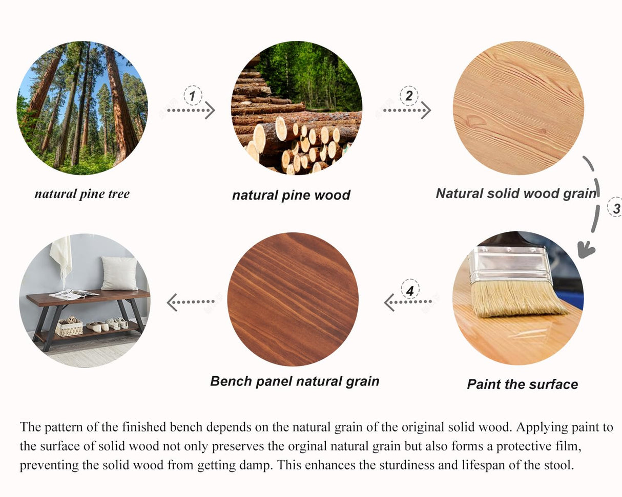 IBF Natural Real Wood Entryway Bench, Solid Wood Storage Bench, Industrial Bedroom Bench in Entry Way Hallway Foyer Rack, Modern Shoe Bench Seat for IBF