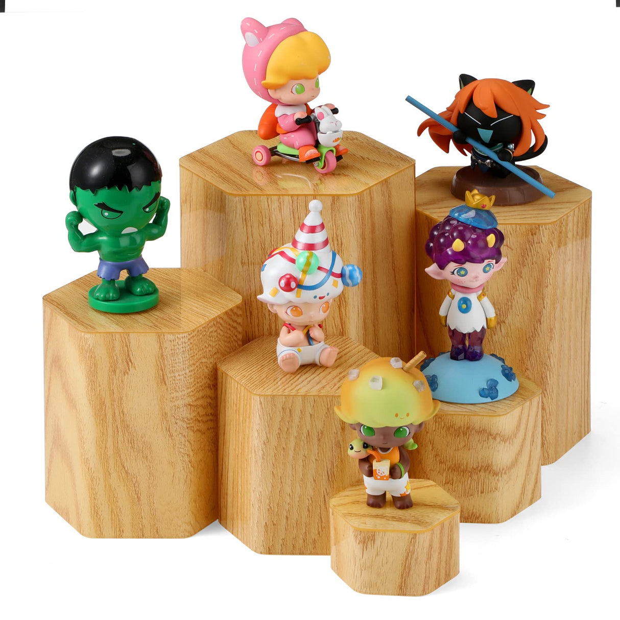 Jetec Hexagonal Jewelry Display Risers Hexagonal Market Display Risers Stands Acrylic Showcase Acrylic Stand for Jewelry Model Figures Decoration, 6 Sizes(Woodgrain,12 Pieces) Jetec