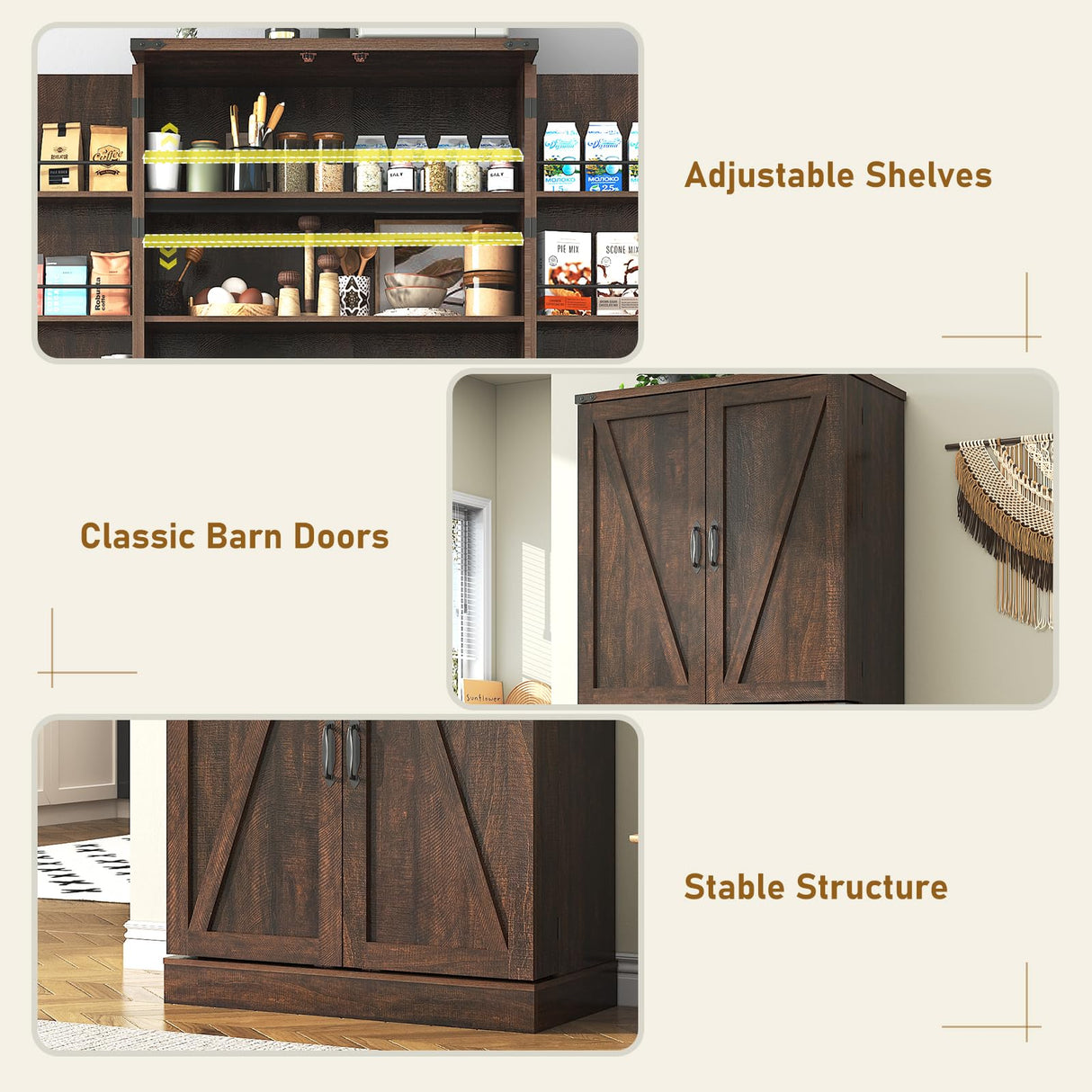 Hlivelood Farmhouse Kitchen Pantry Cabinet, 71" Tall Storage Cabinet with Adjustable Shelves & 4 Barn Doors & Drawer, Rustic Wood Cupboard for Kitchen, Dining Room, Living Room, Brown Hlivelood